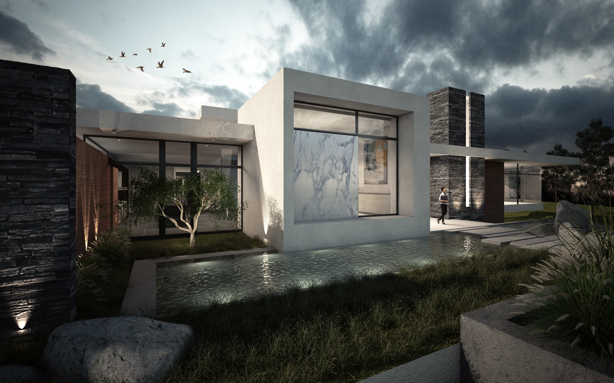 Render de vivienda contemporánea al atardecer